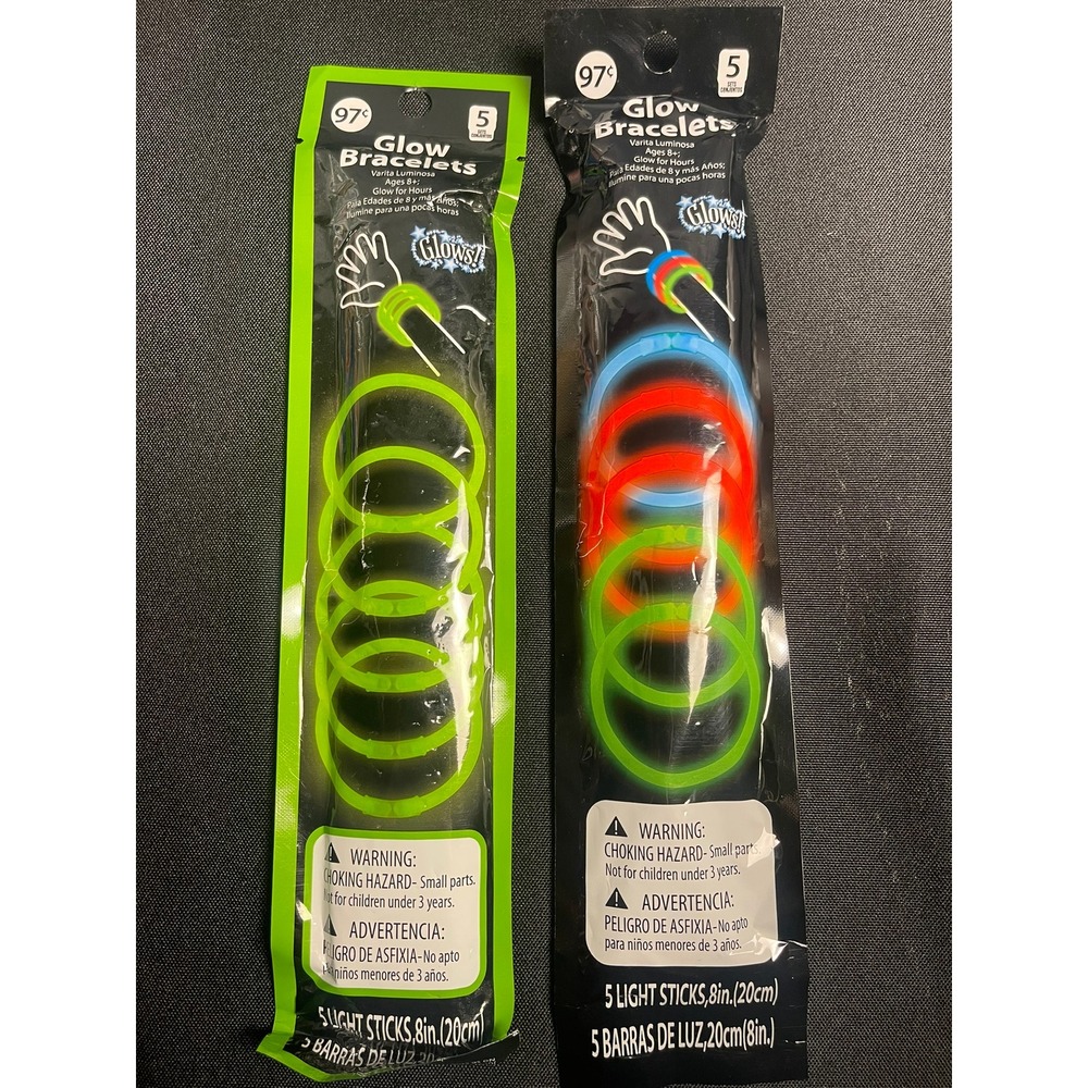 Walmart Glow Bracelets 5-Pack Light Sticks 8in Neon Green Multi-Color 2 Packs